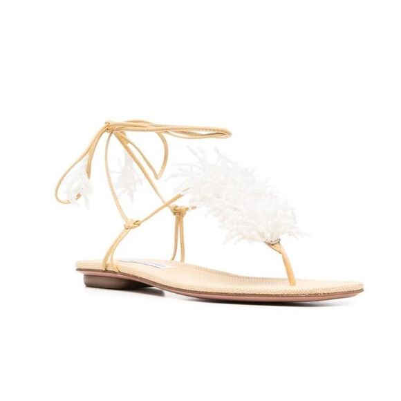Aquazzura Panarea White Coral Beaded Tie Ankle Flat Sandals Size 37 - Picture 4 of 11